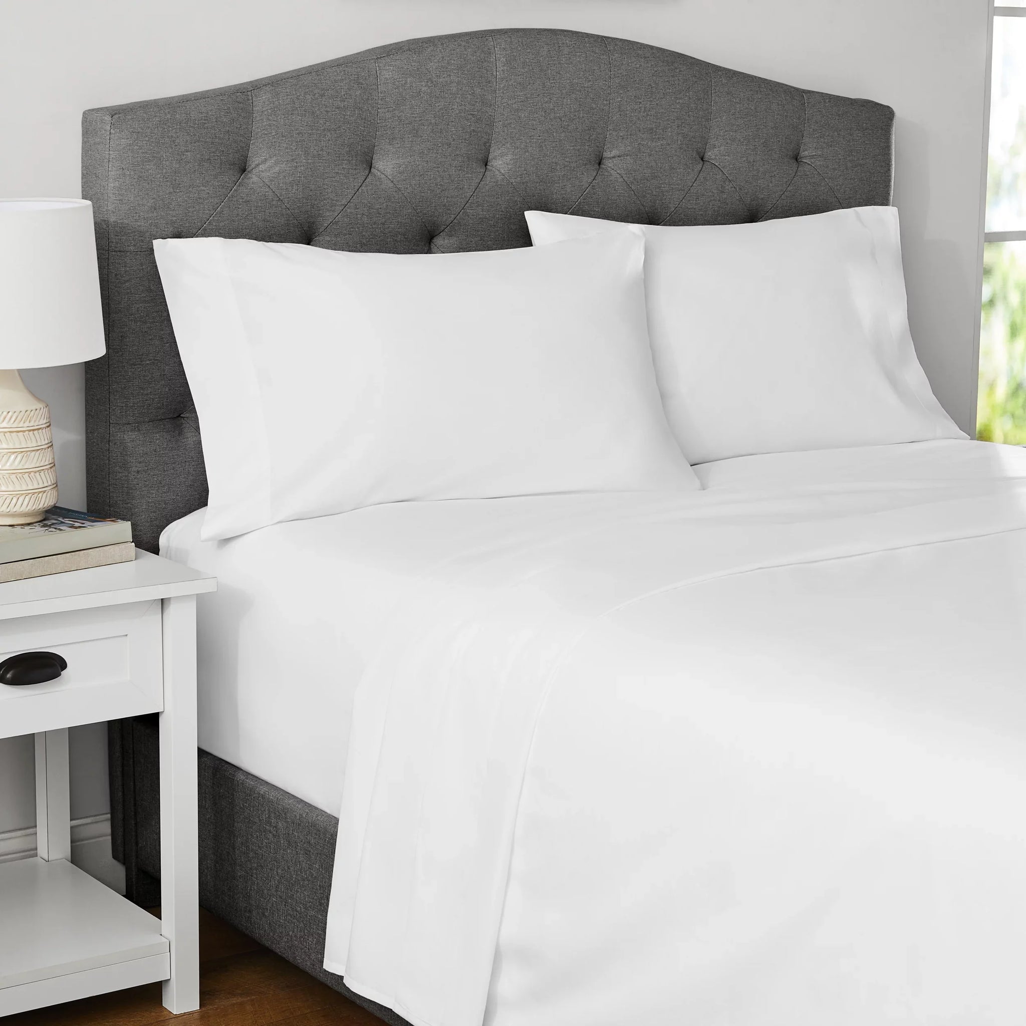 4-Piece 300 Thread Count White Cotton Blend Percale Bed Sheet Set, Queen - Image 2