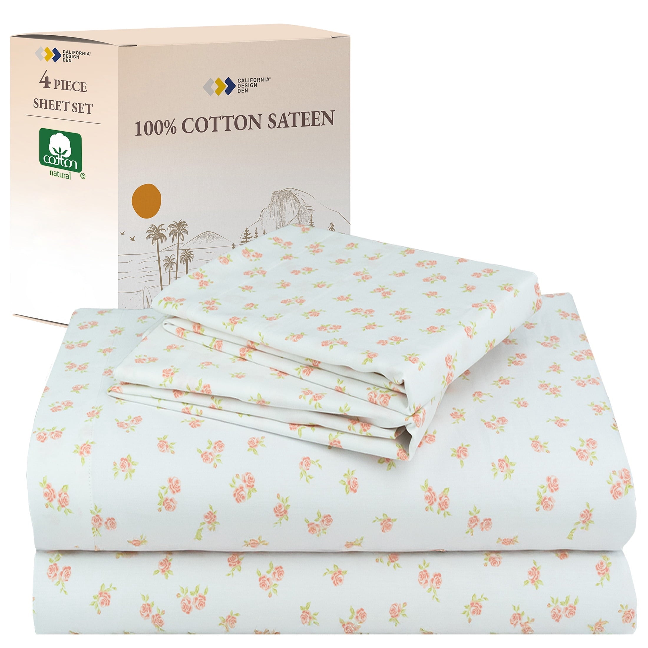 4 Piece Printed Floral Bed Sheets Queen Size Set - 100% Cotton Sheets Queen, Soft Sateen Bedsheets, Deep Pocket Queen...